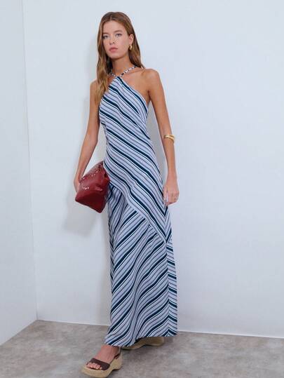 Nöista Halter Midi Dress In Blue And Grey Stripes With Multiple Directions. Spring Dress Woman, Summer Clothes, Vacation Outfits Women, Vacation Dress, Beach Vacation Outfits For Women.