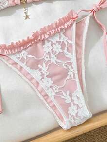 Swim Mod 女士提花面料挂脖花卉饰边比基尼套装，春夏款 - 粉色 - 查看 5