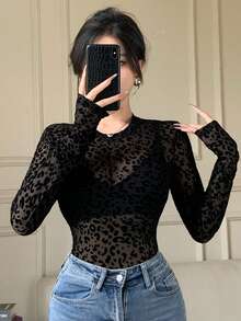 Joudiya 豹纹黑色蕾丝衬衫，优雅适合情人节、婚礼、派对、正式场合，时尚修身透视网纱V领长袖上衣，春夏Y2K风格 - 黑色 - 查看 8