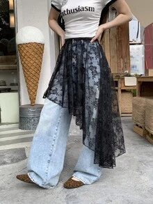 DAZY Chân váy ren khoét họa tiết hoa mùa xuân hè, phong cách Bohemian, váy đi biển bất đối xứng, chân váy thanh lịch công sở bằng vải voan mỏng cho nữ. - màu đen - Xem 3