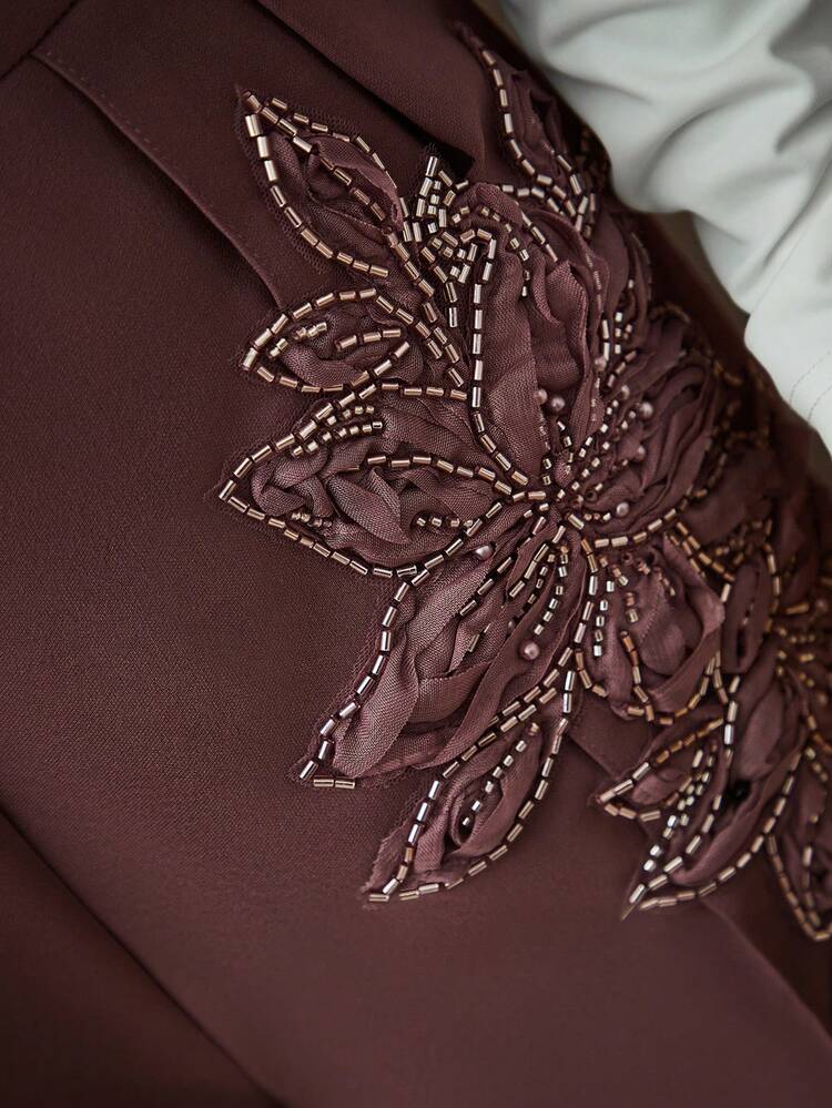 Anewsta Women's High-Waisted Wide-Leg Pants In Burgundy, Luxurious Crystal Floral Decor, Elegant Spring/Summer Formal Wedding Guest Party