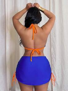 SHEIN Slayr CURVE 大码多色吊带V领橙红色底海军蓝条纹镂空三角比基尼上衣和高腰海军蓝条纹镂空三角比基尼下装，带抽绳下摆，优雅休闲性感沙滩度假泳装套装，女士 - 彩色 - 查看 2