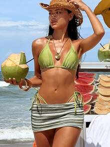 Swim Vcay New Green 3pcs Triangle Halter Neck Women Swimwear Set - Green - View 7