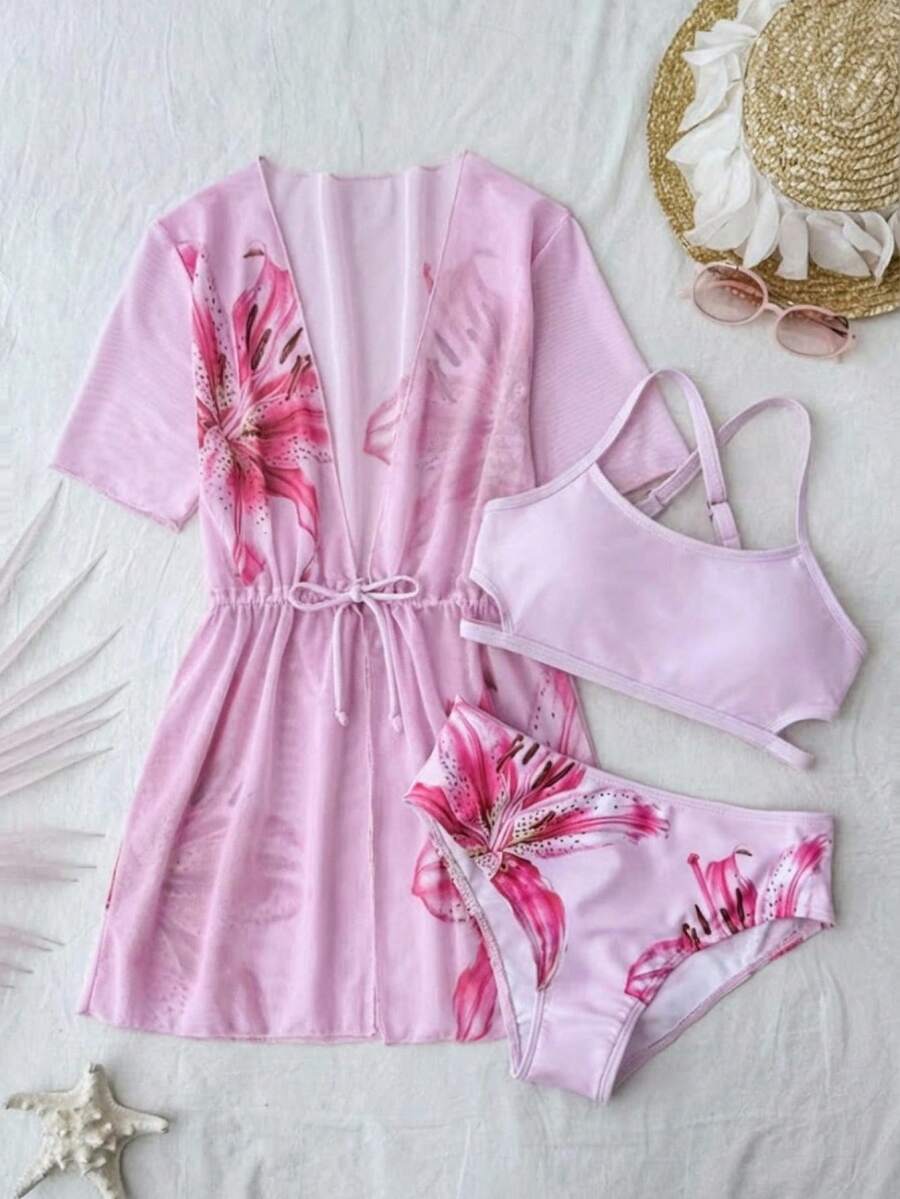 SHEIN 少女碎花三件套泳衣，夏季夏威夷海滩度假 - 粉色 - 查看 1
