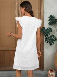 SHEIN LUNE Vestido corto de mujer con escote en V y mangas cortas bordado - Blanco - Ver 2