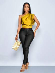 SOLERSUN Blusa de satén amarilla sexy y elegante para ir al trabajo, fiestas de primavera/verano y vacaciones. - Mostaza Amarilla - Ver 5