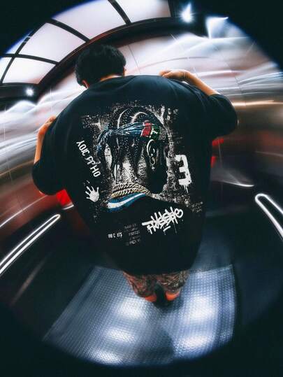 Manfinity LEGND 男女通用复古街头肖像印花黑色短款宽松T恤