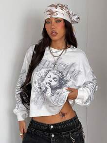 Coolane Coolgirl 女士秋冬街头风嘻哈印花宽松长袖T恤 - 白色 - 查看 2