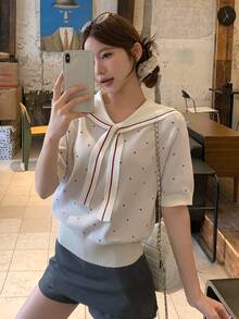 DAZY 女士撞色爱心系带短袖针织上衣，甜美风格，夏季百搭 - 杏色 - 查看 10