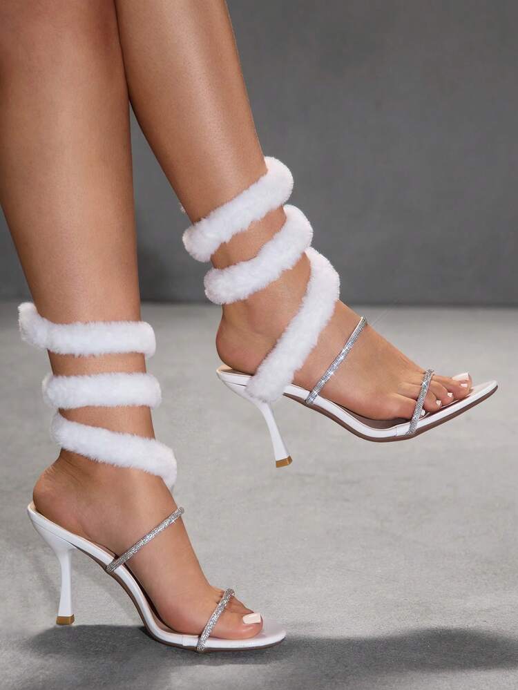 CUCCOO SZL Ladies' New Sexy Serpentine Twisted Fluff Strap White Rhinestone High Heels, Dinner Party Dating Dress Stiletto Sandals Spring Shoes