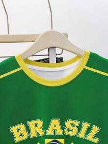 SHEIN 巴西南美黄绿撞色条纹印花女式T恤，适合夏季、日常通勤、节日礼物、时尚单品、潮流T恤、精美T恤、送给兄弟姐妹、姐妹、母亲的礼物、母亲节礼物，休闲又不失时尚感。 - 軍綠色 - 查看 3