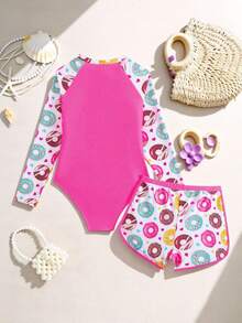 SHEIN Bộ đồ bơi cho bé gái tuổi teen, dễ thương và kín đáo, màu đỏ hồng, in họa tiết bánh donut, vải dệt kim, có khóa kéo, tay dài, hai mảnh, đồ bơi liền thân với quần đùi bốn góc, thời trang và thoải mái, tinh tế và lộng lẫy, thích hợp cho bơi lội, thích hợp cho kỳ nghỉ hè, bãi biển, hồ bơi, tiệc mùa hè, kỳ nghỉ thư giãn. Đồ bơi tay dài họa tiết bánh donut cho bé gái, bộ đồ bơi tay dài cho bé gái, đồ bơi tay dài với quần đùi, đồ bơi tay dài họa tiết bánh donut cho bé gái, đồ bơi chống nắng cho bé gái, đồ bơi in hình bánh donut, đồ bơi tay dài màu hồng cho bé gái. - Màu Hồng Tươi - Xem 2