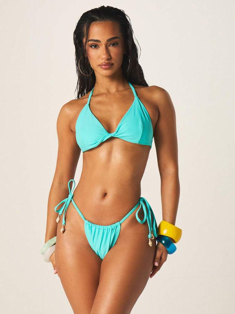 MISSGUIDED Women's Tie Side Bikini Bottoms With Shell Charm Details Ruched Summer Beach Swimwear String Ties Adjustable Coverage