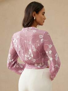 Aveloria Rosie Minimalist Elegant Versatile Daily Commute Refined Texture Laser Embroidery Fabric Small Stand Collar Short Waist Long Sleeve Blouse For Women - Pink - View 6