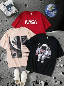 SHEIN 3件套休闲简约卡通宇航员印花宽松短袖圆领T恤，卡其色、黑色、红色，适合夏季穿着 - 青少年男童 - 彩色 - 查看 1