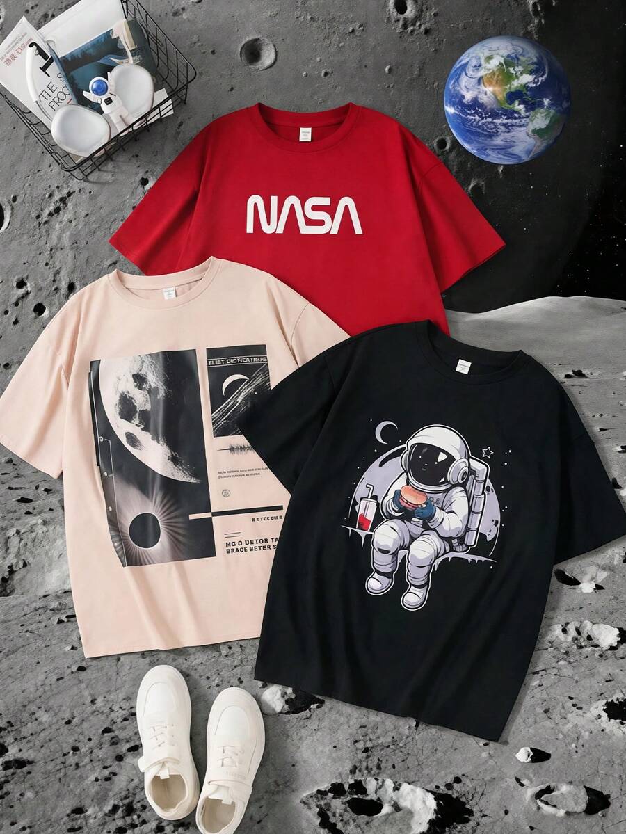 SHEIN 3件套休闲简约卡通宇航员印花宽松短袖圆领T恤，卡其色、黑色、红色，适合夏季穿着 - 青少年男童 - 彩色 - 查看 1