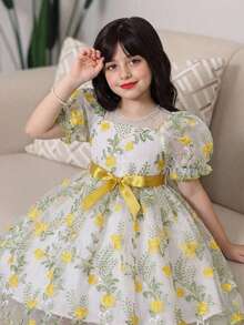 Vestido con cuello cuadrado de malla bordada, mangas de pétalo y cinturón para fiesta de cumpleaños de vacaciones de verano de niña joven - Amarillo - Ver 3
