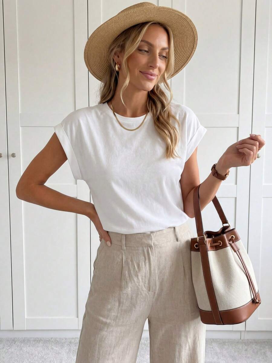 SHEIN LUNE Batwing Sleeve Round Neck Tee,Casual - White - View 1