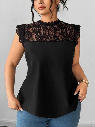 Elenzga Plus Size Women's Summer New Round Neck Flare Sleeve Lace Patchwork T-Shirt, Fashion Versatile Lace Blouse, Elegant Cap Sleeve Top, Slim Fit Lace Shirt Suitable For Daily Outing, Shopping Or Gathering With Friends Lace Trim Top Black Lace Top Women Tops Elegant Black See Through Top Cute Black Top Plus Size Black Tops Black Top Women Blouses Sleeveless Tops Plus Size Sleeveless Tops