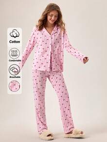 Loomlin Cotton Women 2 Pcs Sriped&Cheery Patterned Button Front Detail Long Sleeve&Pants Homewear Pajama Set - Multicolor - View 5