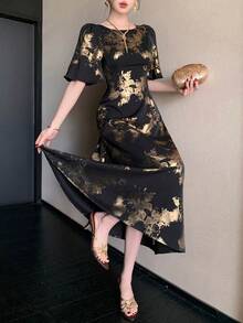 DAZY Women's Elegant Floral Print Round Neck Petal Sleeve Mid-Length Dress, Summer,Wedding Guest Dress Women Maxi Dress - Black - View 1