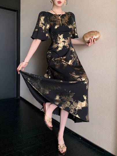 DAZY 女士优雅印花圆领花瓣袖中长连衣裙，夏季