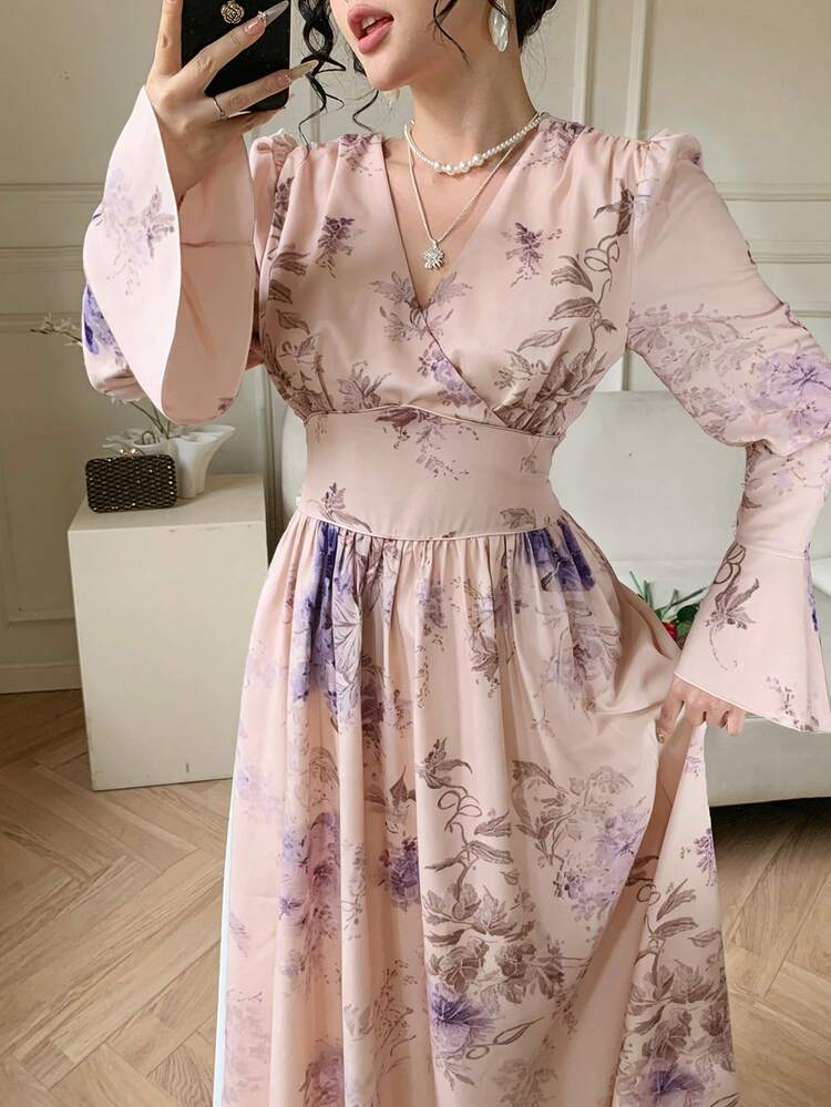 Women's Floral Print Flare Sleeve Waist Cinched Dress Sundress