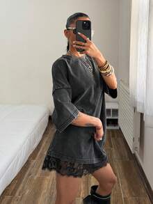 Muchica Women's Summer Casual Washed Lace Patchwork Mini Dress,Summer Dresses For Women - Black - View 6