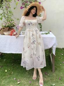 DAZY Đầm hè thanh lịch dành cho nữ, in hoa, cổ vuông, tay phồng, thắt eo, thích hợp cho kỳ nghỉ. - Màu be - Xem 4