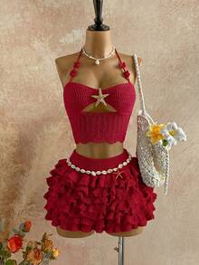 Soleia 女士纯色海星装饰系领针织上衣和针织迷你裙休闲日常套装 - 酒紅色 - 查看 4