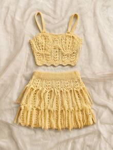 Soleia Women's Hollow-Out Design Camisole Knit Top And Fringed Knit Mini Skirt 2 Pieces Set, Summer Outfit For Women - Yellow - View 6