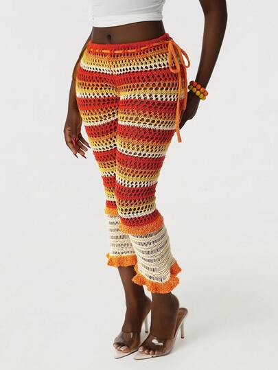 Amplova 女士彩色简约休闲毛衣裤，镂空针织钩编蝴蝶结超低腰七分裤，适合春季、夏季、狂欢节、春夏假期、休闲度假等场合，黄色