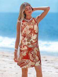 Sylviya Đầm chữ A không tay in họa tiết hoa retro, trang trí vòng kim loại, kiểu dáng thanh lịch, thích hợp cho kỳ nghỉ hè của nữ. - Đỏ - Xem 5