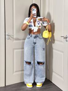 BamGleam Quần jeans ống rộng nữ có túi và cúc, kiểu dáng rách, thoải mái, đa năng, thích hợp mặc hàng ngày. - Rửa nhẹ - Xem 1