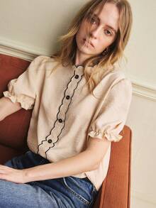 Écloséra Daily Versatile Elegant Temperament Commuting Casual Short Sleeved Khaki Women's Shirt Summer Wear Women's Commuting Wear Ruffled Women's Shirt Women's Elegant Top Women's Casual Top Women's Social Top Embroidered Lace Collar Button Decoration Women's Spring And Summer Top Shirt Scalloped Trim Blouse Puff Sleeve Top Blouse For Women Casual Modern Latest Tops For Women New Arrivals French Style Clothes Women - Khaki - View 6
