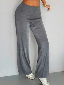 SHEIN EZwear Women's Casual Folding Waist Grey Knit Wide Leg Pants Grey Pants Flared Sweatpants Grey Fold Over Pants - Grey - View 3