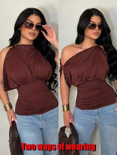SHEIN SXY Women's Fashionable Multi-Wear Button-Up T-Shirt,Elegant Solid Coffee Dark Chocolate Brown Top,Burgundy,Summer,Seksi Chic,Club Night,Casual Spring
