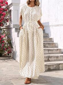 Breezaya 女士浪漫波点圆领立领半开襟插肩袖宽松A字长连衣裙，配腰带，优雅复古法式风格，适合办公室、通勤、商务、休闲、度假、下午茶、街头、极简主义、复古、澳式休闲、派对、波西米亚风等场合，春夏新品上市 - 杏色 - 查看 4