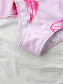 SHEIN 少女碎花三件套泳衣，夏季夏威夷海滩度假 - 粉色 - 查看 5