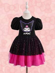 HELLO KITTY AND FRIENDS | SHEIN Young Girl Colorblock Cartoon Pattern Round Neck Short Sleeve Dress - Black - View 1