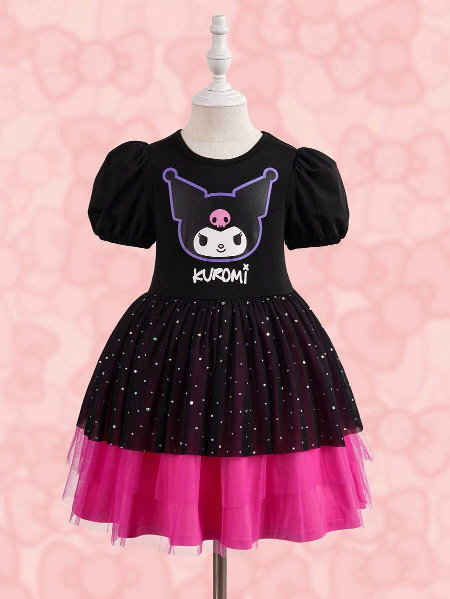 HELLO KITTY AND FRIENDS | SHEIN Young Girl Colorblock Cartoon Pattern Round Neck Short Sleeve Dress - Black - View 1
