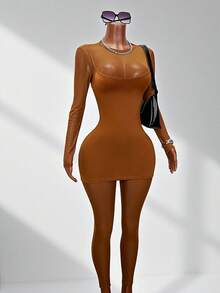 BamGleam Mock Neck Long Sleeve Splicing Hollow Out Jumpsuit, Sexy & Slim Fit - Brown - View 5