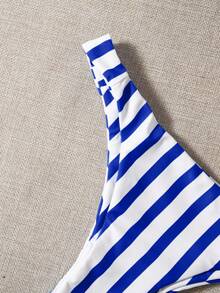 Swim Mod 三件套条纹比基尼套装：蓝白条纹泳裤、白色罩衫、休闲短裤，适合春夏季节、度假、海滩派对。 - 寶藍色 - 查看 3