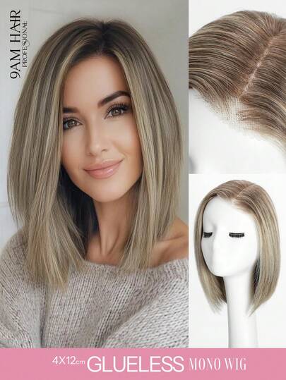 10 Inch Color 8/22# Dark To Light Ash Blonde 100% Human Hair Wigs For White Women, 4x12cm Side Part Mono Lace Straight Wavy Glueless Wig, 150% Density Soft, Healthy Real Human Hair, Natural Look For Daily & Wear Parties