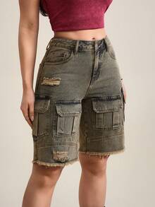 SHEIN Tall Y2K High Waist Slit Tight Sexy Zipper Faux Two-Piece Women Denim Skirt Pants - Blue - View 3