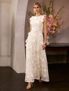 MOTF Soiréza Đầm maxi dự tiệc không tay cổ cao thanh lịch, thêu hoa 3D với hiệu ứng cánh hoa xếp lớp và ren hoa cắt xẻ, thích hợp cho các bữa tiệc, đêm giao thừa, dạ hội và các sự kiện trang trọng, mùa xuân hè. - Màu be - Xem 7