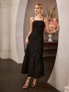 MOTF PREMIUM ELEGANTE VESTIDO LARGO DE MUJER CON TIRANTES FINOS EN NEGRO | TEJIDO JACQUARD TEJIDO CON DETALLE DE VOLANTES ESCALONADOS, VESTIDO SIRENA PARA AÑO NUEVO, DÍA DE SAN VALENTÍN, FIESTAS FORMALES, GALAS Y CELEBRACIONES, VESTIDOS DE PRIMAVERA ATUENDOS DE VERANO - Negro - View 6