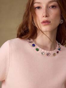 MOTF PREMIUM WOMEN'S RHINESTONE EMBELLISHED SHORT SLEEVE KNIT TOP - Pink - View 1