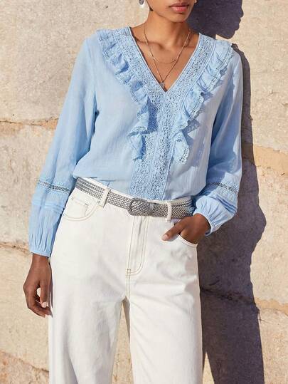 Maija Blusa casual suelta con parches de encaje y volantes en azul bebé, elegante y fresca para mujer. Blusa de playa para primavera y verano