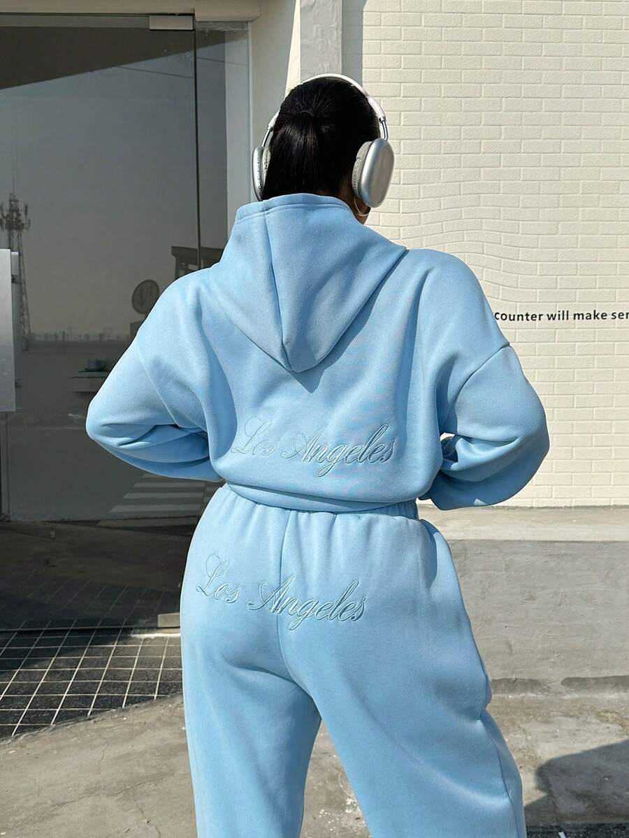 Muchica Plus Size Solid Color Letter Embroidery Hoodie And Wide Leg Pants Casual 2 Pieces Set - Baby Blue - View 1